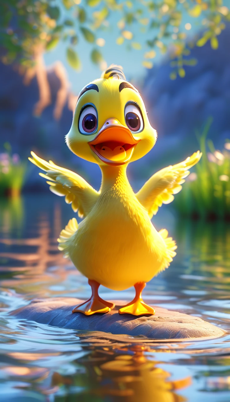 cute tiny duck, cartoon , arms, hands ,cute eyes, looking at viewer, arms up, lake background