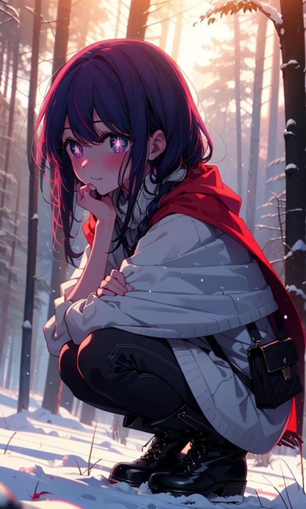 aihoshino, Ai Hoshino, Long Hair, bangs, (Purple eyes:1.1), Purple Hair, (Symbol-shaped pupil:1.5), smile,,smile,blush,White Breath,
Open your mouth,snow,Ground bonfire, Outdoor, boots, snowing, From the side, wood, suitcase, Cape, Blurred, , forest, White handbag, nature,  Squat, Mouth closed, Cape, winter, Written boundary depth, Black shoes, red Cape break looking at viewer, Upper Body, whole body, break Outdoor, forest, nature, break (masterpiece:1.2), Highest quality, High resolution, unity 8k wallpaper, (shape:0.8), (Beautiful and beautiful eyes:1.6), Highly detailed face, Perfect lighting, Extremely detailed CG, (Perfect hands, Perfect Anatomy),