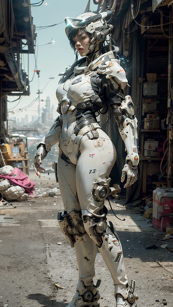 ((best quality)), ((masterpiece)), ((realistic)), (detailed), (photorealistic:1.5), a futuristic girl, (thick body), (white bodysuit), lights on armor, cybernetic headwear, looking at viewer, dynamic pose, post apocalyptic, destroyed city background, buildings on fire, science fiction, hdr, ray tracing, nvidia rtx, super-resolution, unreal 5, subsurface tering, pbr texturing, post-processing, anisotropic filtering, depth of field, maximum clarity and sharpness, rule of thirds, 8k raw, (luminescent particles:1.4), (extremely detailed cg, unity 8k wallpaper, 3d, cinematic lighting, lens flare), reflections, sharp focus, cyberpunk art, cyberpunk architecture,