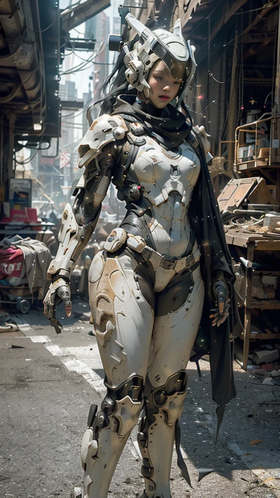 ((best quality)), ((masterpiece)), ((realistic)), (detailed), (photorealistic:1.5), a futuristic girl, (thick body), (white bodysuit), lights on armor, cybernetic headwear, looking at viewer, dynamic pose, post apocalyptic, destroyed city background, buildings on fire, science fiction, hdr, ray tracing, nvidia rtx, super-resolution, unreal 5, subsurface scattering, pbr texturing, post-processing, anisotropic filtering, depth of field, maximum clarity and sharpness, rule of thirds, 8k raw, (luminescent particles:1.4), (extremely detailed cg, unity 8k wallpaper, 3d, cinematic lighting, lens flare), reflections, sharp focus, cyberpunk art, cyberpunk architecture,