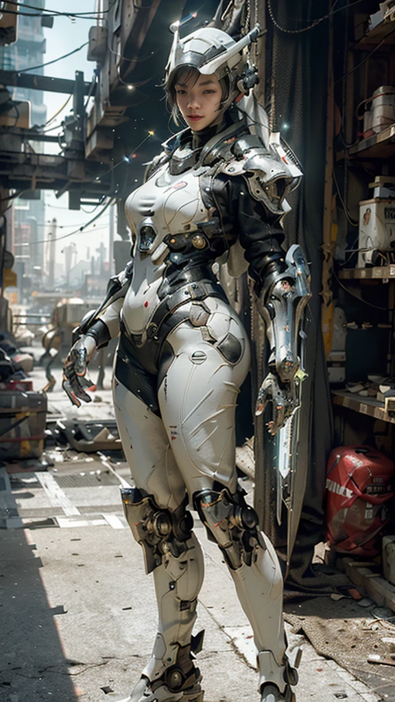 ((best quality)), ((masterpiece)), ((realistic)), (detailed), (photorealistic:1.5), a futuristic girl, (thick body), (white bodysuit), lights on armor, cybernetic headwear, looking at viewer, dynamic pose, post apocalyptic, destroyed city background, buildings on fire, science fiction, hdr, ray tracing, nvidia rtx, super-resolution, unreal 5, subsurface scattering, pbr texturing, post-processing, anisotropic filtering, depth of field, maximum clarity and sharpness, rule of thirds, 8k raw, (luminescent particles:1.4), (extremely detailed cg, unity 8k wallpaper, 3d, cinematic lighting, lens flare), reflections, sharp focus, cyberpunk art, cyberpunk architecture,