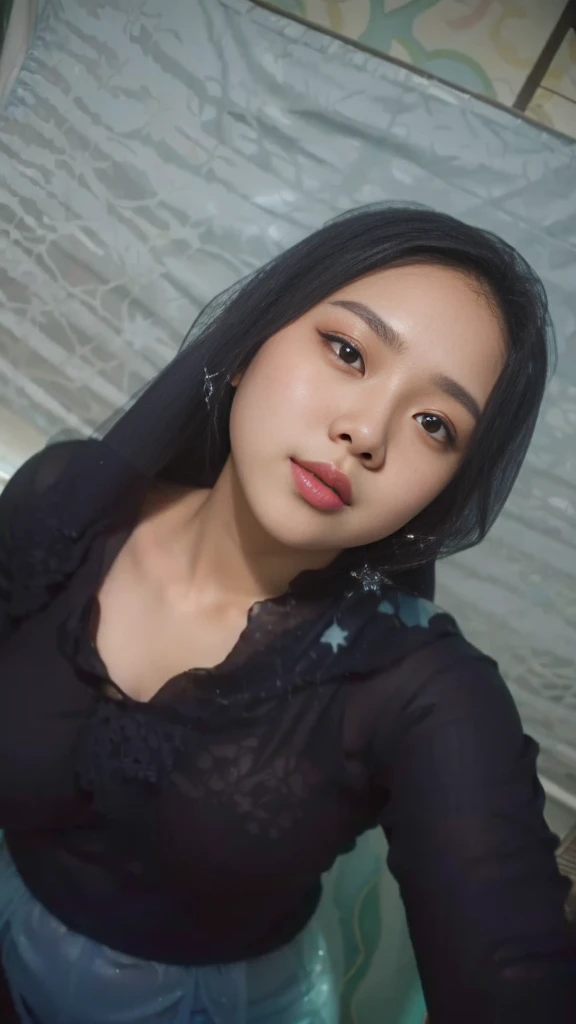 two Malay girls, modern plain hijab, shy, medium portrait, watery eyes, wearing transparent pastel blue kebaya, (gigantic breasts), big nipples, black bokeh background, proportional body, plump thighs, full body pose