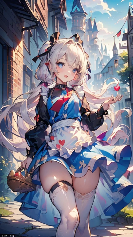 (perky chest:1.2), (pointed chest:1.2),(((Black Tunic:1.3))),(((cakes and bread in the basket),Cute and beautiful girl,Cute round face,Cute smile,with blush cheeks,Red Lip,a girl 17 years old, nsfw:1.2, beautiful body:1.3), shinny skin, BREAK, ((alice in the wonderland:1.3, cute, kawaii, lovely, funny, a girl falling down from sky:1.3, girl flying in sky:1.4, girl floating in air:1.5, rolling upskirt by wind:1.6, (with sparkling eyes and a contagious smile),open mouth, Looking at Viewer, surprised, putting hands on crotch over the skirts:1.5)), BREAK, ((floating things as follows:1.3, PlayingCards, Trump, tea cup, tea pot, tea spoons, pocket watch:1.3, lip sticks, candies:1.2, cookies, jam bottles, classical door_keys)), ((long purply_Blue dress :1.5, wearing long flaired skirt:1.3, the skirt is blowing:1.3, cute pink Apron, black stockingedium long platinum-blonde hair:1.2, twin tail hair:1.6, tied hair with a large ribbon), (Blue eyes, bright pupils with highlights, detailed eyes), (lying down on your back:0.7, spreading legs with rising up straight:0.7), sexy posture, fantastic colorful art, (fantasy art:1.2, wondered images), ((correct anatomy:1.5, perfect anatomy:1.3, correct hand, small foot:1.2)),
