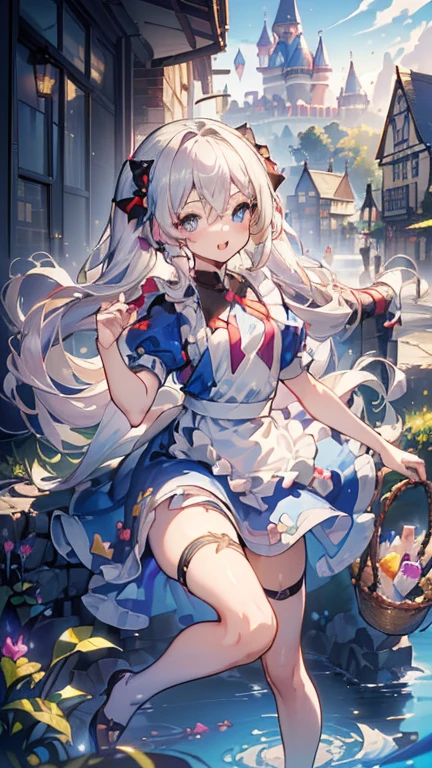 (perky chest:1.2), (pointed chest:1.2),(((Black Tunic:1.3))),(((cakes and bread in the basket),Cute and beautiful girl,Cute round face,Cute smile,with blush cheeks,Red Lip,a girl 17 years old, nsfw:1.2, beautiful body:1.3), shinny skin, BREAK, ((alice in the wonderland:1.3, cute, kawaii, lovely, funny, a girl falling down from sky:1.3, girl flying in sky:1.4, girl floating in air:1.5, rolling upskirt by wind:1.6, (with sparkling eyes and a contagious smile),open mouth, Looking at Viewer, surprised, putting hands on crotch over the skirts:1.5)), BREAK, ((floating things as follows:1.3, PlayingCards, Trump, tea cup, tea pot, tea spoons, pocket watch:1.3, lip sticks, candies:1.2, cookies, jam bottles, classical door_keys)), ((long purply_Blue dress :1.5, wearing long flaired skirt:1.3, the skirt is blowing:1.3, cute pink Apron, black stockingedium long platinum-blonde hair:1.2, twin tail hair:1.6, tied hair with a large ribbon), (Blue eyes, bright pupils with highlights, detailed eyes), (lying down on your back:0.7, spreading legs with rising up straight:0.7), sexy posture, fantastic colorful art, (fantasy art:1.2, wondered images), ((correct anatomy:1.5, perfect anatomy:1.3, correct hand, small foot:1.2)),