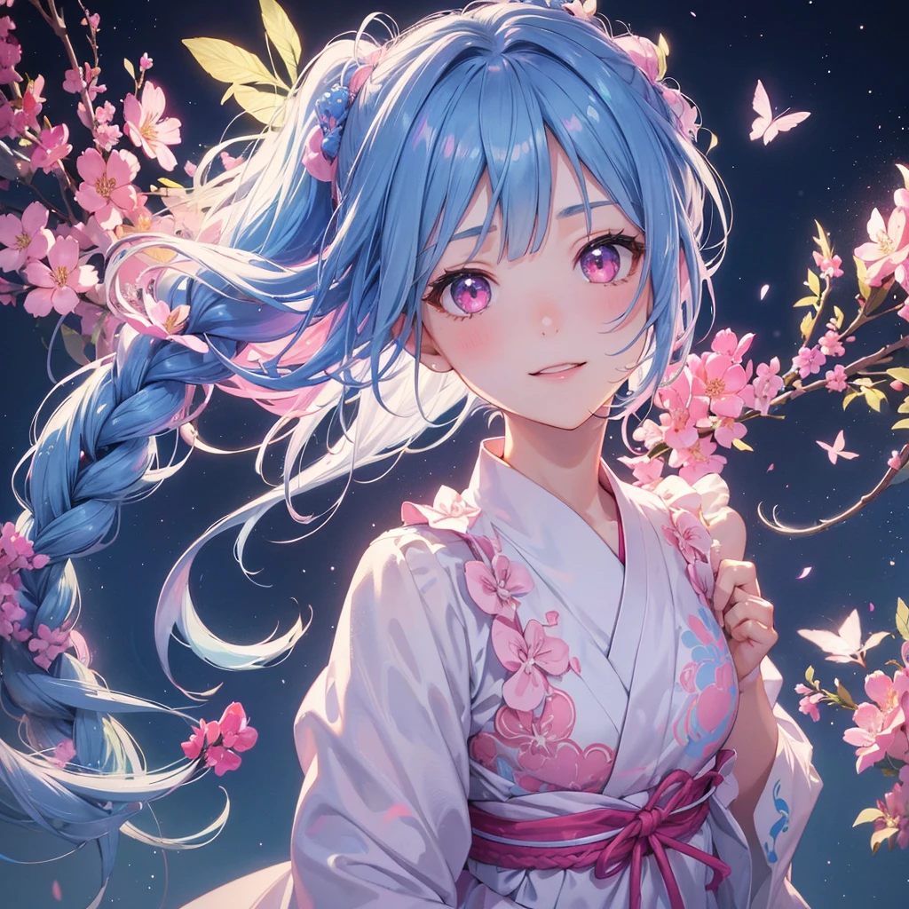 Sky blue hair, (One braided ponytail),(Pink Eyes),Fair skin ,(whole body),(One girl),yukata,Tanabata,milky way,A big smile,Straight bangs,,Wedding dress,(masterpiece, Highest quality, Very detailed, Best Shadow), (Detailed Background), (Beautifully detailed face), High Contrast, (Best lighting, Very delicate and beautiful), ((Cinematic Light)), colorful, Hyper Detail, Dramatic Light, Intricate details,