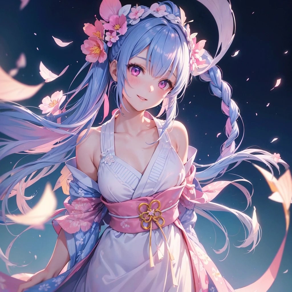 Sky blue hair, (One braided ponytail),(Pink Eyes),Fair skin ,(whole body),(One girl),yukata,Tanabata,milky way,A big smile,Straight bangs,,Wedding dress,(masterpiece, Highest quality, Very detailed, Best Shadow), (Detailed Background), (Beautifully detailed face), High Contrast, (Best lighting, Very delicate and beautiful), ((Cinematic Light)), colorful, Hyper Detail, Dramatic Light, Intricate details,
