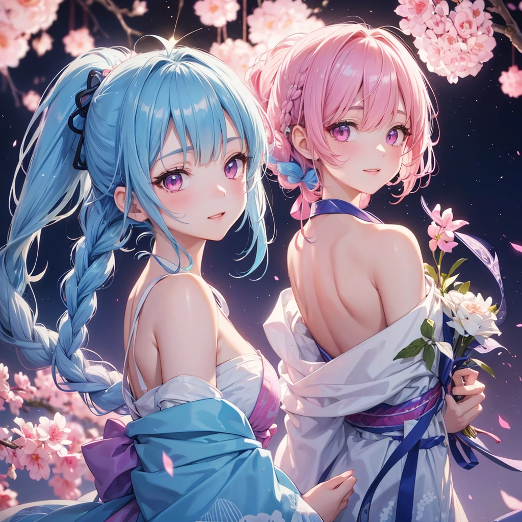 Sky blue hair, (One braided ponytail),(Pink Eyes),Fair skin ,(whole body),(One girl),yukata,Tanabata,milky way,A big smile,Straight bangs,,Wedding dress,(masterpiece, Highest quality, Very detailed, Best Shadow), (Detailed Background), (Beautifully detailed face), High Contrast, (Best lighting, Very delicate and beautiful), ((Cinematic Light)), colorful, Hyper Detail, Dramatic Light, Intricate details,