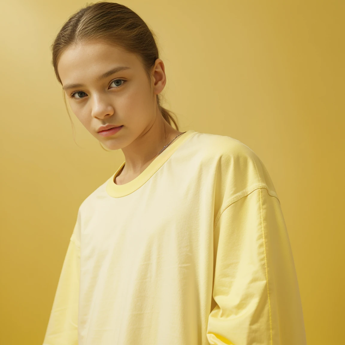 white oversize t-shirt,10year old, all yellowcolor background,balenciaga concept fashion photo, Paris