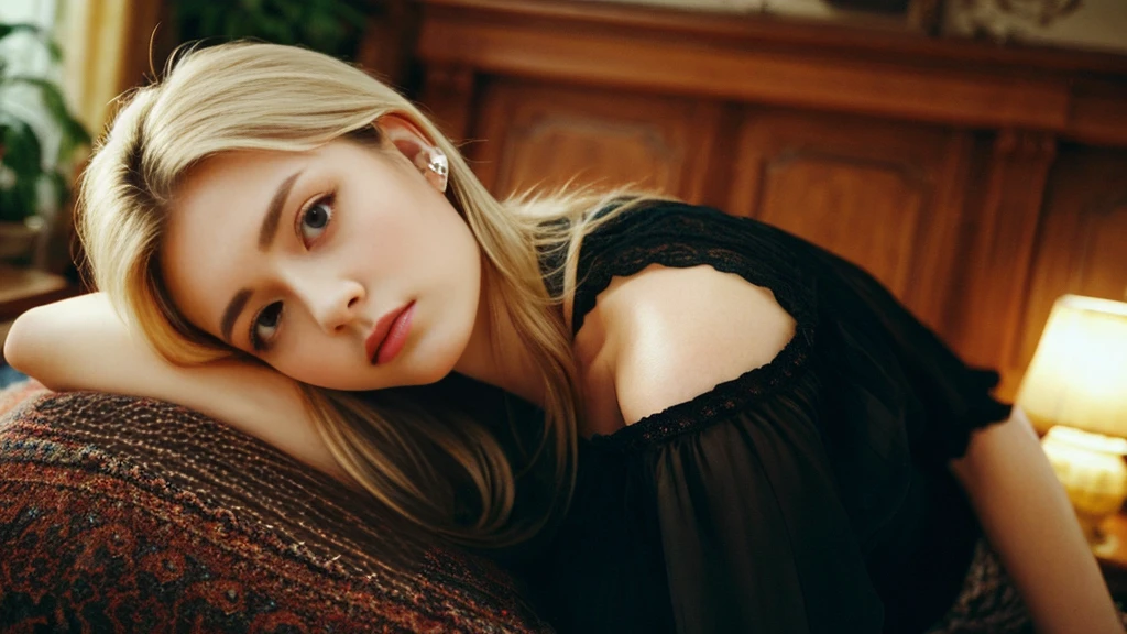 Low - Angle、Black Elegant、Beautiful blonde with big breasts in a blouse (Western-style mansion at midnight、living room),Wearing headphones,Very detailed, 21 years old, Innocent face, Naturally Wavy Hair, blue eyes, High resolution, masterpiece, Highest quality, Intricate details, Very detailed, Clear focus, Delicate skin, practical skin texture, texture, Delicate eyes, Professional, 4K, Sad face,despair、 Shot with Canon, 85mm, Shallow and deep, Kodak Vision Color, Exactly, Very detailed, photograph_\(Extremist\), photographpractical, practical, Post-processing, Maximum details, Roughness, Real Life, Extremist practical, Photorealism, photographgraphy, 8K Ultra HD, photographgraphy