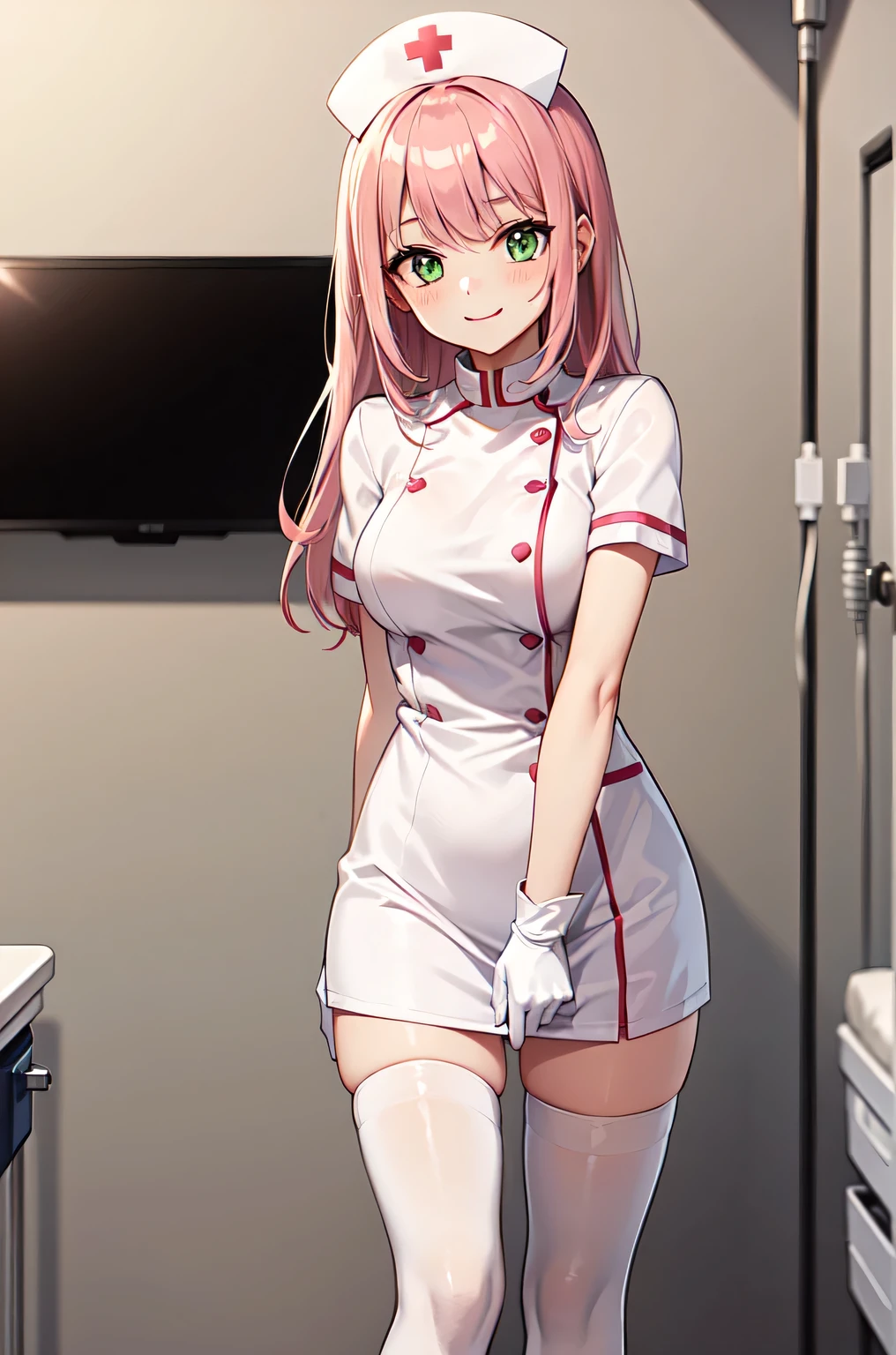 1girl, solo, nurse, white nurse cap, white nurse uniform, ((white legwear, zettai ryouiki)), white gloves, pink hair, green eyes, drooping eyes, smile, standing, ((hospital room)), sharp outline, short sleeves, best quality, masterpiece