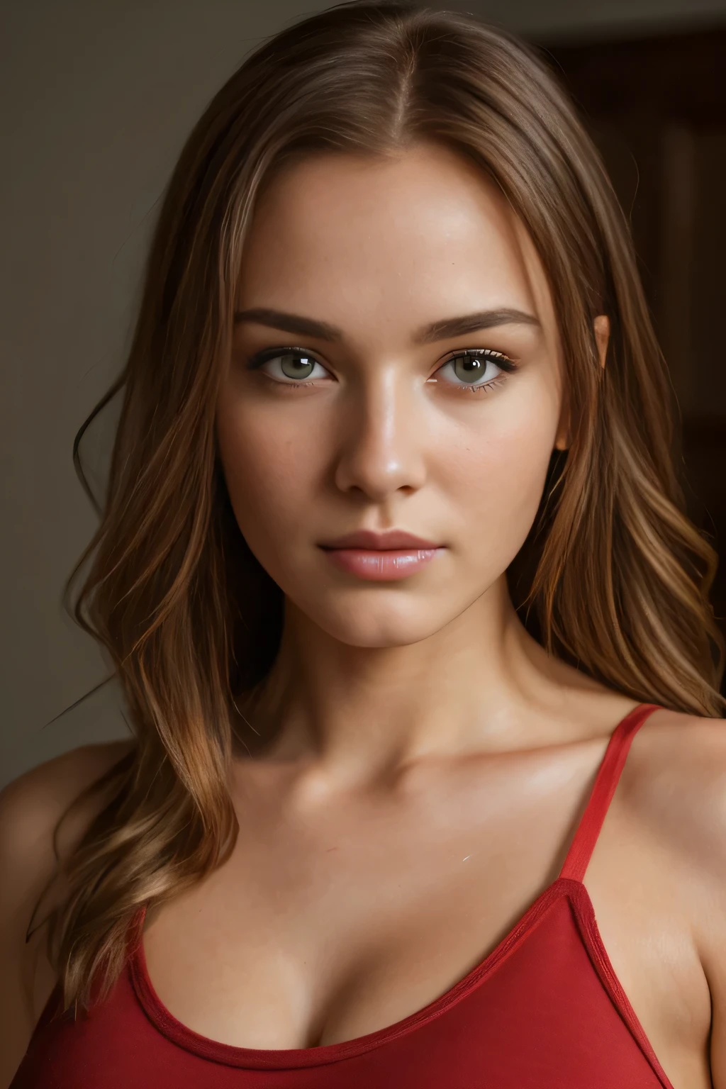 photo of a 20 years old italian girl, RAW, beautiful woman, (long wavy redhead hair), (yellow eyes),, (thin nose), (red tank top with cleavage), (red panties),bedroom, (standing), (busty), ,,,,,((detailed face:1.2)), ((detailed facial features)), (finely detailed skin), pale skin,, . (vivid colors), damp, moist, reflections, (masterpiece) (perfect proportion)(realistic photo)(best quality) (detailed) photographed on a Canon EOS R5, 50mm lens, F/2.8, HDR, (8k) (wallpaper) (cinematic lighting) (dramatic lighting) (sharp focus) (intricate) fashion, realistic skin texture, POV, Nikon d850, film stock photograph,4 Kodak Portra 400, camera f1.6 lens, rich colors, ultra-realistic, hyper-realistic, ultra-detailed, hyper-detailed, ((perfect face, perfect body), RAW photography, realistic skin texture, 