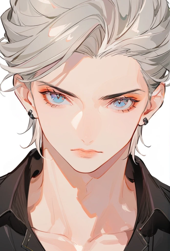 Boy, silver hair, blue eyes, serious sharp features, white skin, shiny lips, handsome, perfect, black shirt