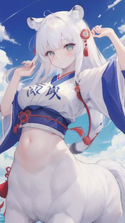 (best quality, masterpiece), 1 girl, centaur, It takes, White skin, Japanese female idol , exposing the abdomen,belly button t-shirt, 아름다운 소녀 perfect white tiger photo, perfect white tiger photo