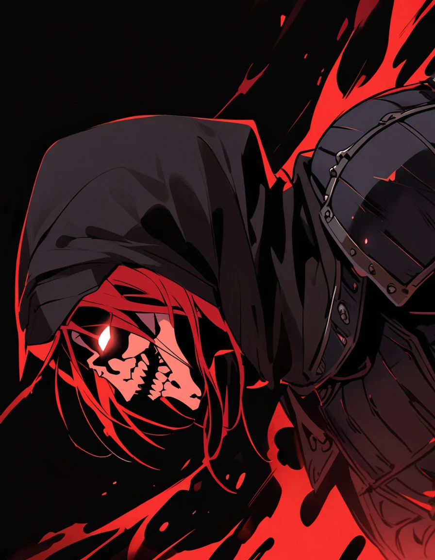 Male skeleton warrior, Black hood, Wide spine, Meatless, Red lights instead of eyes,Medieval steel armor, Black background, Stand sideways, That's horrible, Comic Characters, Black Cape, Cinema Lighting, From below, From the side, 4K, High resolution, Highest quality, Super detailed, Anatomically correct, masterpiece