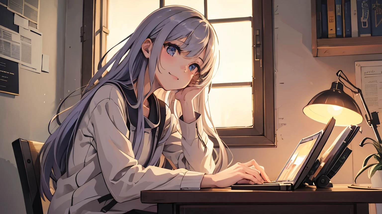 In the warm light、Beautiful anime style girl sitting in a cozy room。She has long, flowing hair and large, expressive eyes.。Wearing casual and stylish clothes。In the background、Laptop on a small desk、A few books、A coffee cup is placed。Soft pastel colors are used、Creating a relaxing and peaceful atmosphere。The girl has a gentle smile、I&#39;m listening to music through headphones、Has a calm expression。