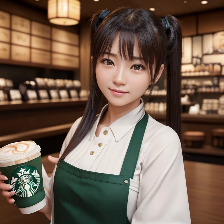 (masterpiece, Highest quality, shape, Subtle details, 8K:1.2),(非常に詳細な3D CG 8K 壁紙), (Highest quality), (Best Portrait Photography),(Starbucks Coffee),Twin tails,Beautiful sea