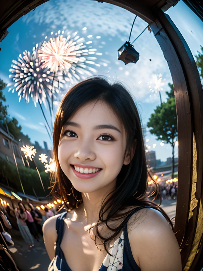 Highest quality、masterpiece、Ultra-high resolution、(Photorealistic:1.4)、RAW Photos、Detailed CG image quality、(Fireworks display:1.4)、Beautiful poop、One Girl、Japanese、21 years old、(blue eyes:1.2)、Pink lipstick、Laughter、(Black hair:1.4)、Updo Hair、White skin、(hair ornaments:1.4)、(yukata:1.4)、Detailed portrait、8K quality、Concept Art、A dramatic, cinematic atmosphere、(Japanese Shrines:1.2)、(Japanese red and white lanterns:1.2)、Wind Chimes、(Festival Flag,)、Paper decoration、(3 + woman: 1.4)、Sharp focus、Volumetric lighting、Cinema Lighting、Depth of written boundary、Ambient Lighting、Blurred foreground、Blurred Background:1.3、(8mm fisheye lens:1.4)、(Angle from directly below:1.4)、(The whole body is visible:1.4)、 information