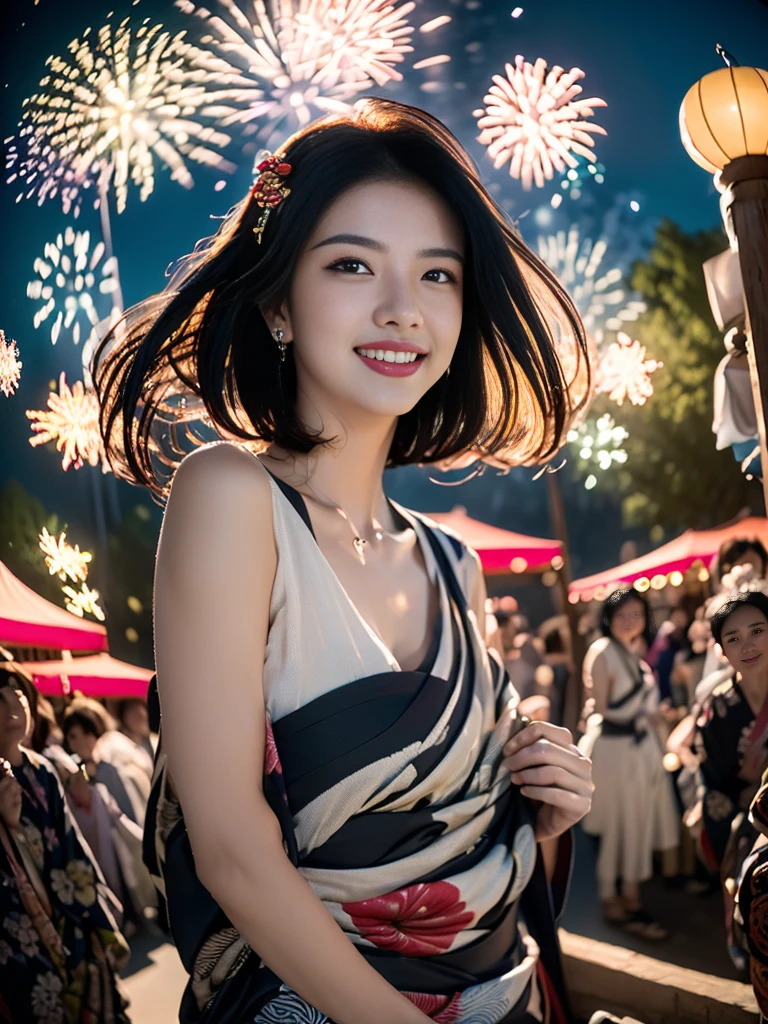 Highest quality、masterpiece、Ultra-high resolution、(Photorealistic:1.4)、RAW Photos、Detailed CG image quality、(Fireworks display:1.4)、Beautiful poop、One Girl、Japanese、21 years old、(blue eyes:1.2)、Pink lipstick、Laughter、(Black hair:1.4)、Updo Hair、White skin、(hair ornaments:1.4)、(yukata:1.4)、Detailed portrait、8K quality、Concept Art、A dramatic, cinematic atmosphere、(Japanese Shrines:1.2)、(Japanese red and white lanterns:1.2)、Wind Chimes、(Festival Flag,)、Paper decoration、(3 + woman: 1.4)、Sharp focus、Volumetric lighting、Cinema Lighting、Depth of written boundary、Ambient Lighting、Blurred foreground、Blurred Background:1.3、(8mm fisheye lens:1.4)、(Angle from directly below:1.4)、(The whole body is visible:1.4)、 information