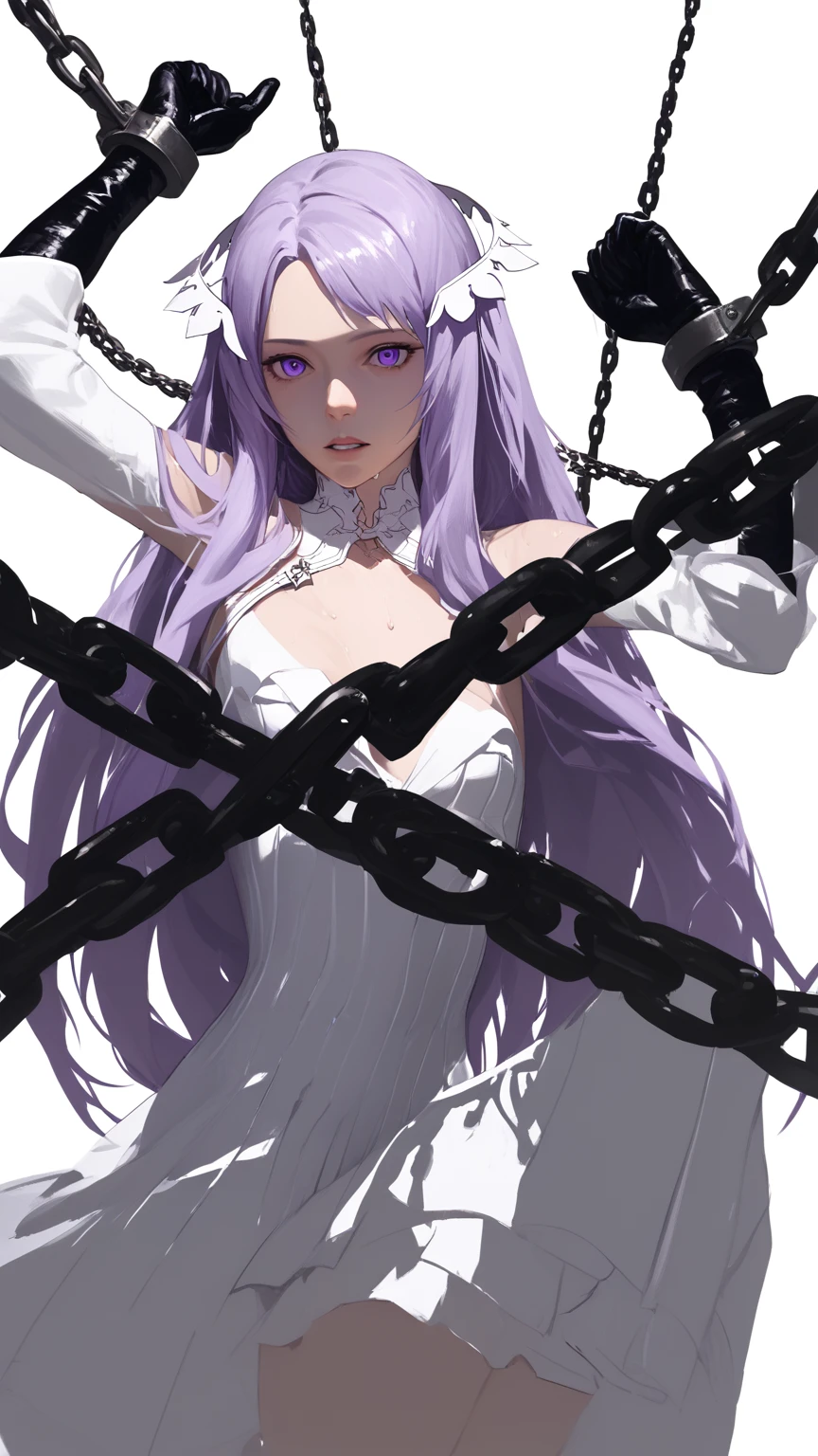 score_9, score_8_up, score_7_up, score_6_up, uncensored, quinella, absurdly purple hair, long hair, hair ornament, purple eyes, sweating, BREAK (masterpiece:1.2), best quality, high resolution, (detailed eyes:1.3), perfect lighting, (perfect hands, perfect anatomy), (small breasts:1.3), chain, chained, cuffs, shackles, handcuffs, broken_chain, restrained,  bound, bdsm, 1girl, anchor, broken, bondage, swing, flail, sickle, lock, solo, collar, rating:questionable, hollow eyes, expressionless, teeth, leash