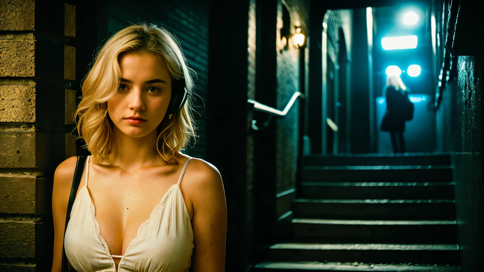 Beautiful blonde with big breasts in black mode casual (Stairs of a Western-style building late at night、sit),Wearing headphones,Very detailed, 21 years old, Innocent face, Bob Hair, blue eyes, High resolution, masterpiece, Highest quality, Intricate details, Very detailed, Clear focus, Delicate skin, practical skin texture, texture, Delicate eyes, Professional, 4K, Sad face,despair、 Shot with Canon, 85mm, Shallow and deep, Kodak Vision Color, Exactly, Very detailed, photograph_\(Extremist\), photographpractical, practical, Post-processing, Maximum details, Roughness, Real Life, Extremist practical, Photorealism, photographgraphy, 8K Ultra HD, photographgraphy