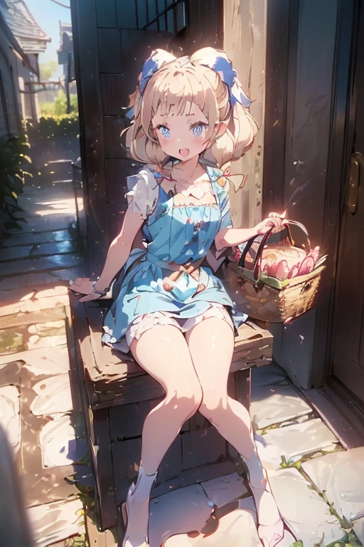 (perky chest:1.2), (pointed chest:1.2),(((Black Tunic:1.3))),(((cakes and bread in the basket),Cute and beautiful girl,Cute round face,Cute smile,with blush cheeks,Red Lip,a girl 17 years old, nsfw:1.2, beautiful body:1.3), shinny skin, BREAK, ((alice in the wonderland:1.3, cute, kawaii, lovely, funny, a girl falling down from sky:1.3, girl flying in sky:1.4, girl floating in air:1.5, rolling upskirt by wind:1.6, (with sparkling eyes and a contagious smile),open mouth, Looking at Viewer, surprised, putting hands on crotch over the skirts:1.5)), BREAK, ((floating things as follows:1.3, PlayingCards, Trump, tea cup, tea pot, tea spoons, pocket watch:1.3, lip sticks, candies:1.2, cookies, jam bottles, classical door_keys)), ((long purply_Blue dress :1.5, wearing long flaired skirt:1.3, the skirt is blowing:1.3, cute pink Apron, black stockingedium long platinum-blonde hair:1.2, twin tail hair:1.6, tied hair with a large ribbon), (Blue eyes, bright pupils with highlights, detailed eyes), (lying down on your back:0.7, spreading legs with rising up straight:0.7), sexy posture, fantastic colorful art, (fantasy art:1.2, wondered images), ((correct anatomy:1.5, perfect anatomy:1.3, correct hand, small foot:1.2)),