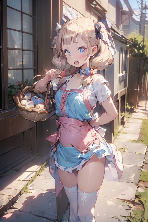 (perky chest:1.2), (pointed chest:1.2),(((Black Tunic:1.3))),(((cakes and bread in the basket),Cute and beautiful girl,Cute round face,Cute smile,with blush cheeks,Red Lip,a girl 17 years old, nsfw:1.2, beautiful body:1.3), shinny skin, BREAK, ((alice in the wonderland:1.3, cute, kawaii, lovely, funny, a girl falling down from sky:1.3, girl flying in sky:1.4, girl floating in air:1.5, rolling upskirt by wind:1.6, (with sparkling eyes and a contagious smile),open mouth, Looking at Viewer, surprised, putting hands on crotch over the skirts:1.5)), BREAK, ((floating things as follows:1.3, PlayingCards, Trump, tea cup, tea pot, tea spoons, pocket watch:1.3, lip sticks, candies:1.2, cookies, jam bottles, classical door_keys)), ((long purply_Blue dress :1.5, wearing long flaired skirt:1.3, the skirt is blowing:1.3, cute pink Apron, black stockingedium long platinum-blonde hair:1.2, twin tail hair:1.6, tied hair with a large ribbon), (Blue eyes, bright pupils with highlights, detailed eyes), (lying down on your back:0.7, spreading legs with rising up straight:0.7), sexy posture, fantastic colorful art, (fantasy art:1.2, wondered images), ((correct anatomy:1.5, perfect anatomy:1.3, correct hand, small foot:1.2)),