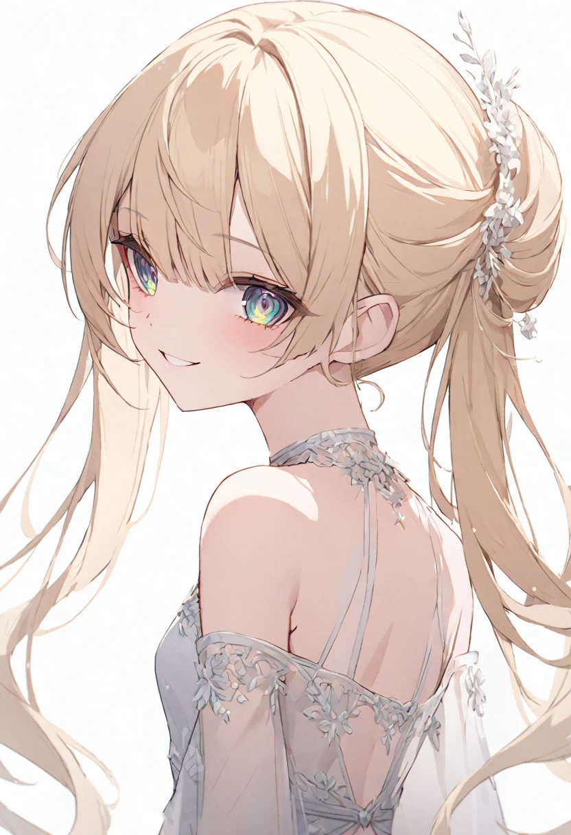 (muste piece), (best quality), very detailed eyes, expressive eyes, perfect face, very detailed face, highly detailed face, beautiful girl, 8K, beautiful girl, white background, delicate and beautiful face and eyes, dark intense shadow, 
1 girl, vtuber style, cool girl, ho****ve, ShigureUI-PXL, blond hair, see-through:evening dress, small chest, cropped shoulders, clavicle from behind, looking back, smile, (whole body), standing,