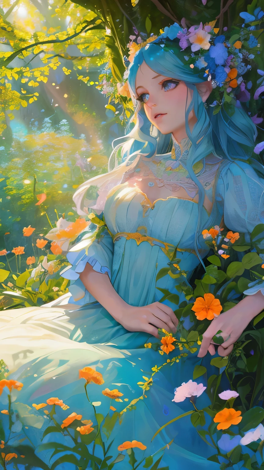 A fantastical fairy in a summer garden, detailed face, beautiful eyes and lips, long eyelashes, flowing hair, ethereal dress, sunlight filtering through trees, glowing colors, lush greenery, vibrant blue and orange flowers, ornate architecture in the background, high quality, ultra-detailed, realistic, masterpiece, concept art