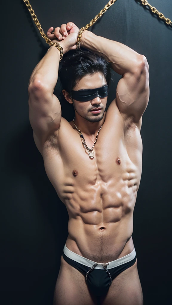 (8k, original photo, best quality，Half body photo) ,, ((( 25-year-old muscular blindfolded men, hands tied up backward with iron chain)))，standing，shirtless,Shirtless muscular man，blush，Shy expression，Mouth slightly open，Armpit Hair, micro thong ,pubic hair，wearing t shirt torn , hands are tied up backward with iron chain connected to wall，，a Asian muscular bodybuilding champion ,(((no cheast hair)))，((( black wall background)))，handsome man,Real human skin is smooth and delicate，delicate skin，Large nipples，Eyes and eyelashes are very detailed, muscular man, Manliness, male, Expose chest muscles, male love model, muscular, digital SLR, Super quality, XT3, crystal clear, 8k ultra high definition, high detail, Super real photos, (Realistic skin), ((pores)), ((high detail skin)), Volumetric light, groin, far, Complex 3D visualization, high detail,Real human skin ((Correct body structure)), (((correct anatomy))),(((Forced noise reduction)))