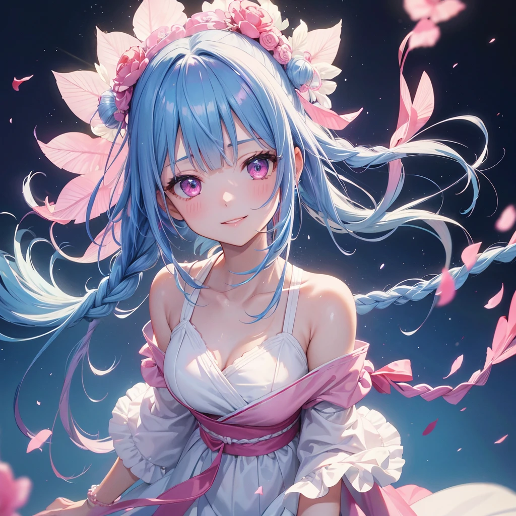 Sky blue hair, (One braided ponytail),(Pink Eyes),Fair skin ,(whole body),(One girl),yukata,Tanabata,(milky way),A big smile,Straight bangs,,Wedding dress,(masterpiece, Highest quality, Very detailed, Best Shadow), (Detailed Background), (Beautifully detailed face), High Contrast, (Best lighting, Very delicate and beautiful), ((Cinematic Light)), colorful, Hyper Detail, Dramatic Light, Intricate details,