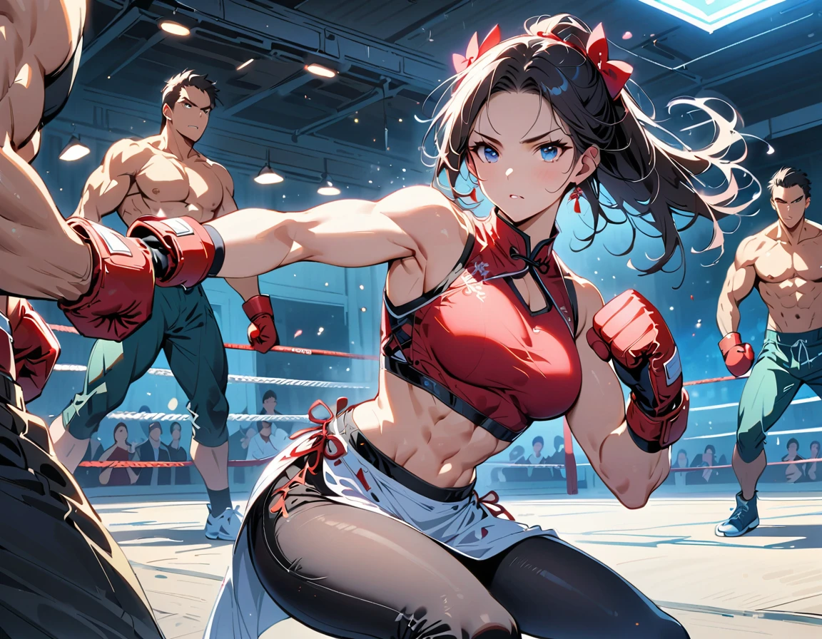 Boxing Match between muscular woman and doing a knee strike, six pack, no men in background , Chinese dress crop top, and leggings ,portrait, empty dojo background