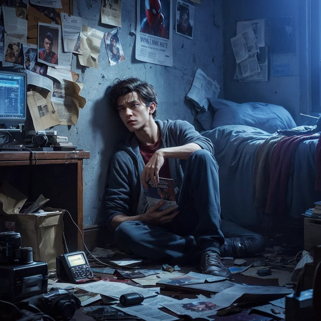 
Matte painting on E. m. Gaya Carroll Peter Parker, yang dikenal sebagai Spider-man, with mixed emotions on his face, including frustration, sadness, and determination, trapped in her messy bedroom, lean against the wall, holding a self-help book, surrounded by broken objects, camera, a CB transliver, a computer screen sits on a table, torn posters and newspapers on the walls, and the door is locked. Dark backgrounds with hints of cityscapes or chaotic environments outside. Bahasa tubuh Spider-man menyampaikan perasaan kewalahan dan terjebak. ; mesin Tidak nyata