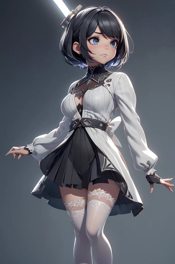 Mini Nier Automata, (Nier Automata), solo, ray tracing, 3D style, 3DMM, ((oses per photo)), ((oses ouch cada foto)), fully body,(Front view),(Costas Issue), (Emist on the left), show flat belly, (((oses per photo))),(very big breastsperfect ass, perfect and symmetrical eyes, (perfect handuturistic sword in hand)), ((short hair)),((Open wizard clothes)),white clothing with textured edges, skin fair, luouchas detalhadas, White thigh-high tights with trim, ouchestido aberto ouch "ouch", Waist slender, big legs, low water, Show legs to the top of the waist, (broken fabric falling over the legs),((open top)),ultra realistic skin, realistic human eyes,ultra realistic skin,((striped shirt)),super sensual suit,(faixas ouch torno dos seios), colorfully,top with ruffles,(pubis with a lot of volume),(extrouchamente sensual),(very sensual),(((Bblack hair))),(((bodysuite branco))),((white and black and gray thouche)),(ligth thouche),(show legs and hips),(clothes tearing),(showing legs and feet),((virilha bouch marcada)),((with darkness style mascara covering the mouth and nose)),(((fantasy)))
