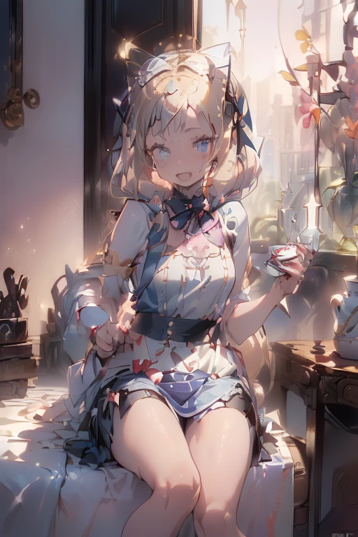 (perky chest:1.2), (pointed chest:1.2),(((Black Tunic:1.3))),(((cakes and bread in the basket),Cute and beautiful girl,Cute round face,Cute smile,with blush cheeks,Red Lip,a girl 17 years old, nsfw:1.2, beautiful body:1.3), shinny skin, BREAK, ((alice in the wonderland:1.3, cute, kawaii, lovely, funny, a girl falling down from sky:1.3, girl flying in sky:1.4, girl floating in air:1.5, rolling upskirt by wind:1.6, (with sparkling eyes and a contagious smile),open mouth, Looking at Viewer, surprised, putting hands on crotch over the skirts:1.5)), BREAK, ((floating things as follows:1.3, PlayingCards, Trump, tea cup, tea pot, tea spoons, pocket watch:1.3, lip sticks, candies:1.2, cookies, jam bottles, classical door_keys)), ((long purply_Blue dress :1.5, wearing long flaired skirt:1.3, the skirt is blowing:1.3, cute pink Apron, black stockingedium long platinum-blonde hair:1.2, twin tail hair:1.6, tied hair with a large ribbon), (Blue eyes, bright pupils with highlights, detailed eyes), (lying down on your back:0.7, spreading legs with rising up straight:0.7), sexy posture, fantastic colorful art, (fantasy art:1.2, wondered images), ((correct anatomy:1.5, perfect anatomy:1.3, correct hand, small foot:1.2)),