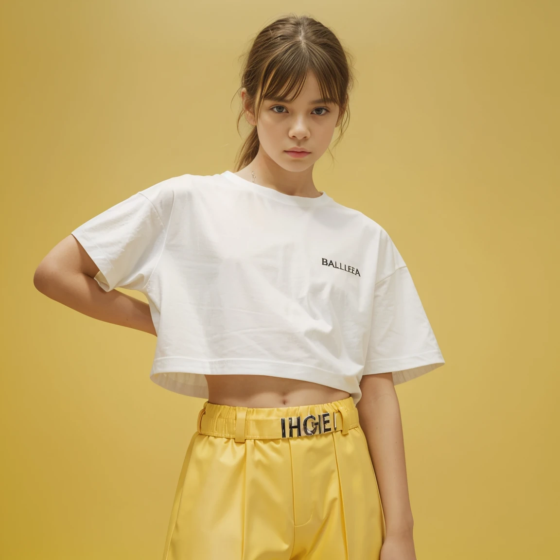white oversize t-shirt,10year old, all yellowcolor background,balenciaga concept fashion photo, Paris