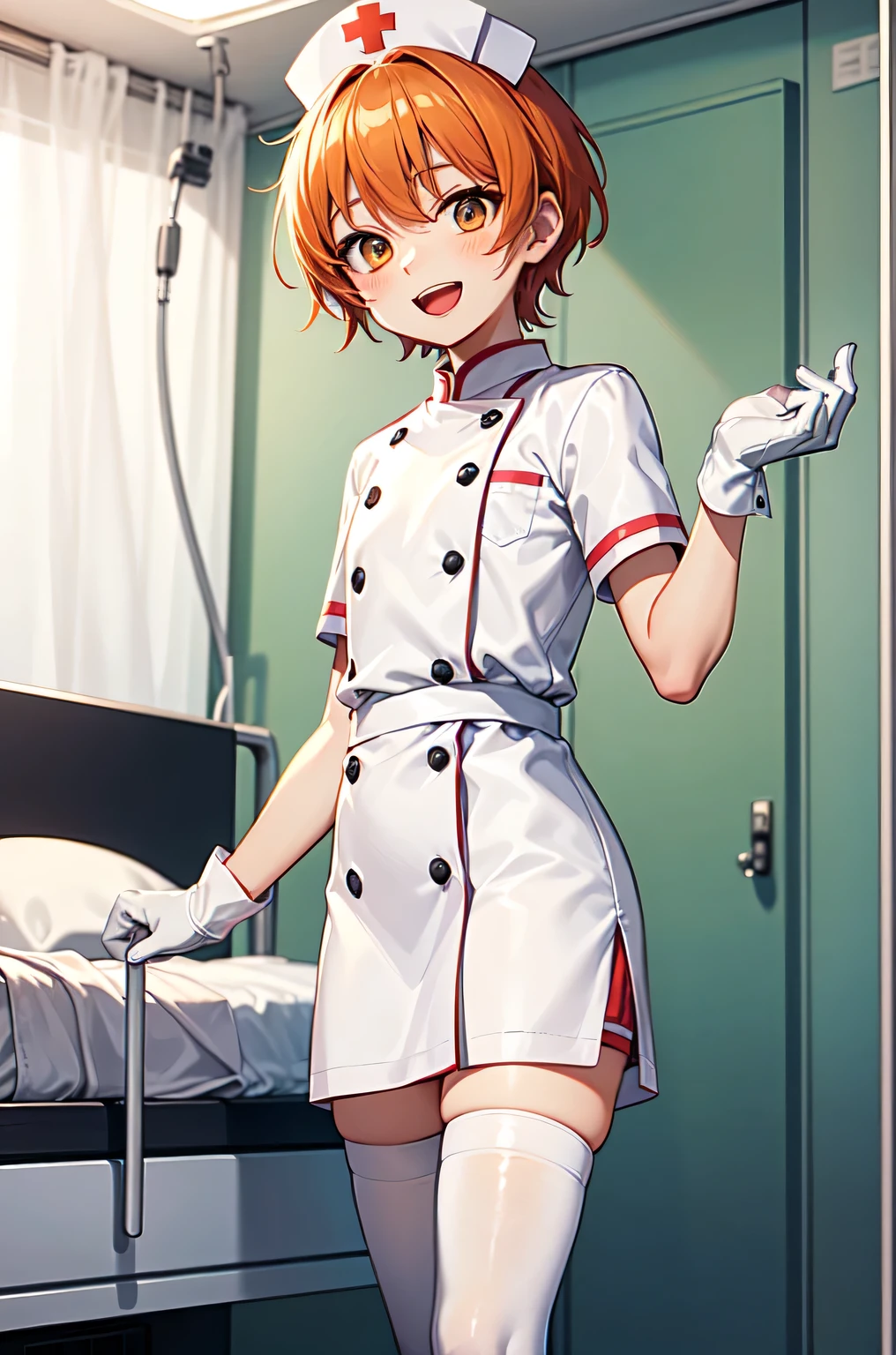 1boy, solo, male focus, nurse, white nurse cap, white nurse uniform, ((white legwear, zettai ryouiki)), white gloves, short hair, orange hair, smile, open mouth, standing, ((hospital room)), sharp outline, short sleeves, shota, 12 years old, best quality, masterpiece