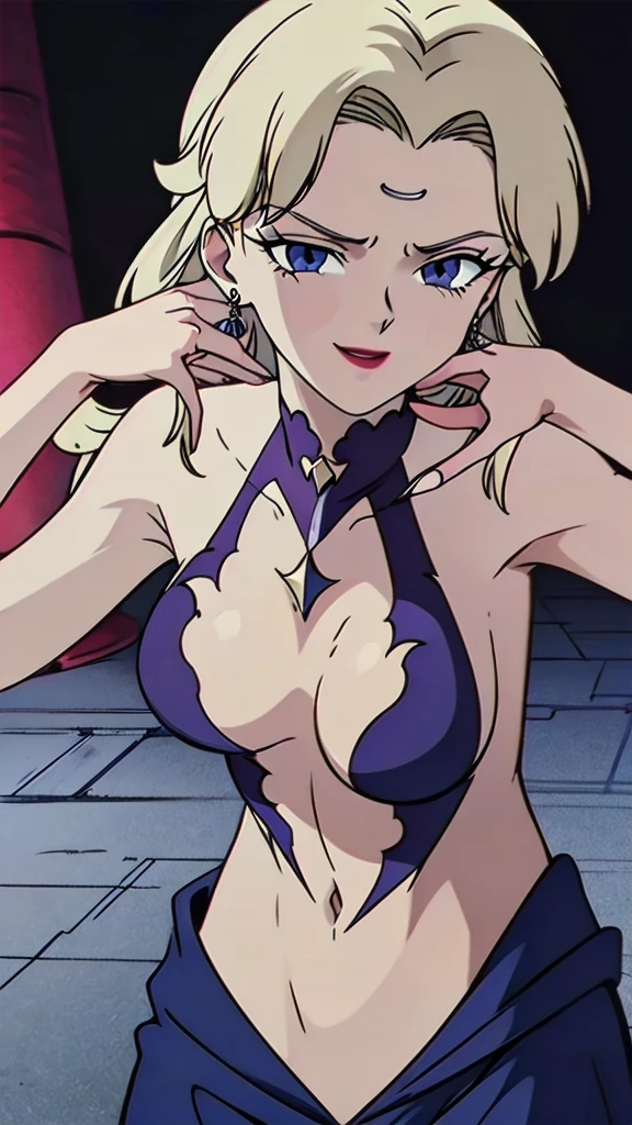 1girl, solo, facing viewer, looking down at viewer,,evil smile, BERTIE,,Highly detailed CG Unity 8K wallpaper, perfect lighting,official art,,(beautiful_face:1.5),(narrow_waist),,Highly detailed CG Unity 8K wallpaper, perfect lighting, anime screencap, retro artstyle, anime coloring, traditional media,evil huge laugh,lipstick,sadistic smile,deep shaded face,single braid,smile worst,worst ridecule,evil moukery,,one braid,lightblue leotard,two hands,five fingers,evil darkness background,