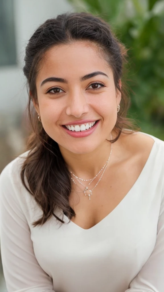 from top view, extreme close up photo of sexy latina, big cheeks, hourglass figure, swooping breasts, seducing on mountains, ponytail, necklace, sultry, seductive eyes, look at viewer and subtle smile, (cinematic:1.3), araffe woman in a white scarf and a pink top, pale-skinned persian girl, she is smiling and happy, with a beautifull smile, with a orientalist smileful face, beautiful and smiling, she is smiling and excited, she expressing joy, with a happy expression, she is smiling, mutahar laughing, she is in pure bliss