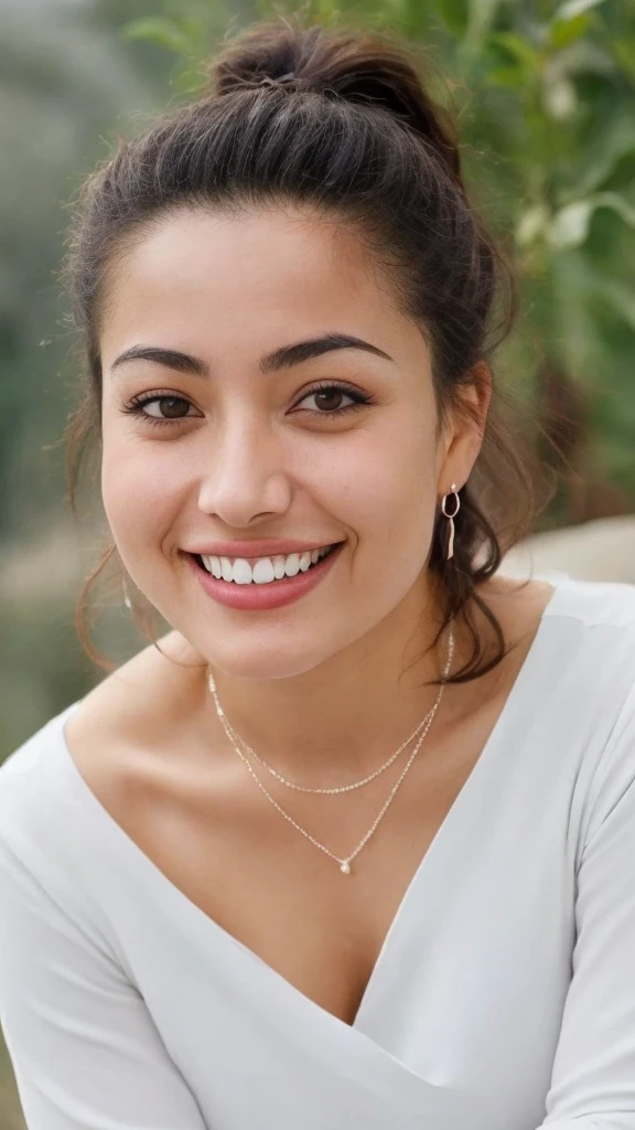 from top view, extreme close up photo of sexy latina, big cheeks, hourglass figure, swooping breasts, seducing on mountains, ponytail, necklace, sultry, seductive eyes, look at viewer and subtle smile, (cinematic:1.3), araffe woman in a white scarf and a pink top, pale-skinned persian girl, she is smiling and happy, with a beautifull smile, with a orientalist smileful face, beautiful and smiling, she is smiling and excited, she expressing joy, with a happy expression, she is smiling, mutahar laughing, she is in pure bliss