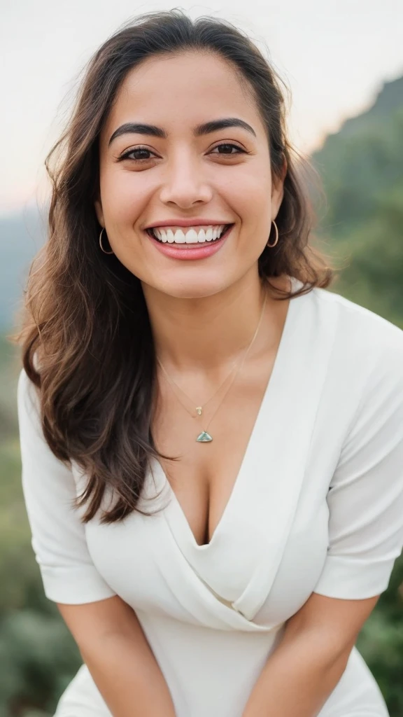 from top view, extreme close up photo of sexy latina, big cheeks, hourglass figure, swooping breasts, seducing on mountains, ponytail, necklace, sultry, seductive eyes, look at viewer and subtle smile, (cinematic:1.3), araffe woman in a white scarf and a pink top, pale-skinned persian girl, she is smiling and happy, with a beautifull smile, with a orientalist smileful face, beautiful and smiling, she is smiling and excited, she expressing joy, with a happy expression, she is smiling, mutahar laughing, she is in pure bliss