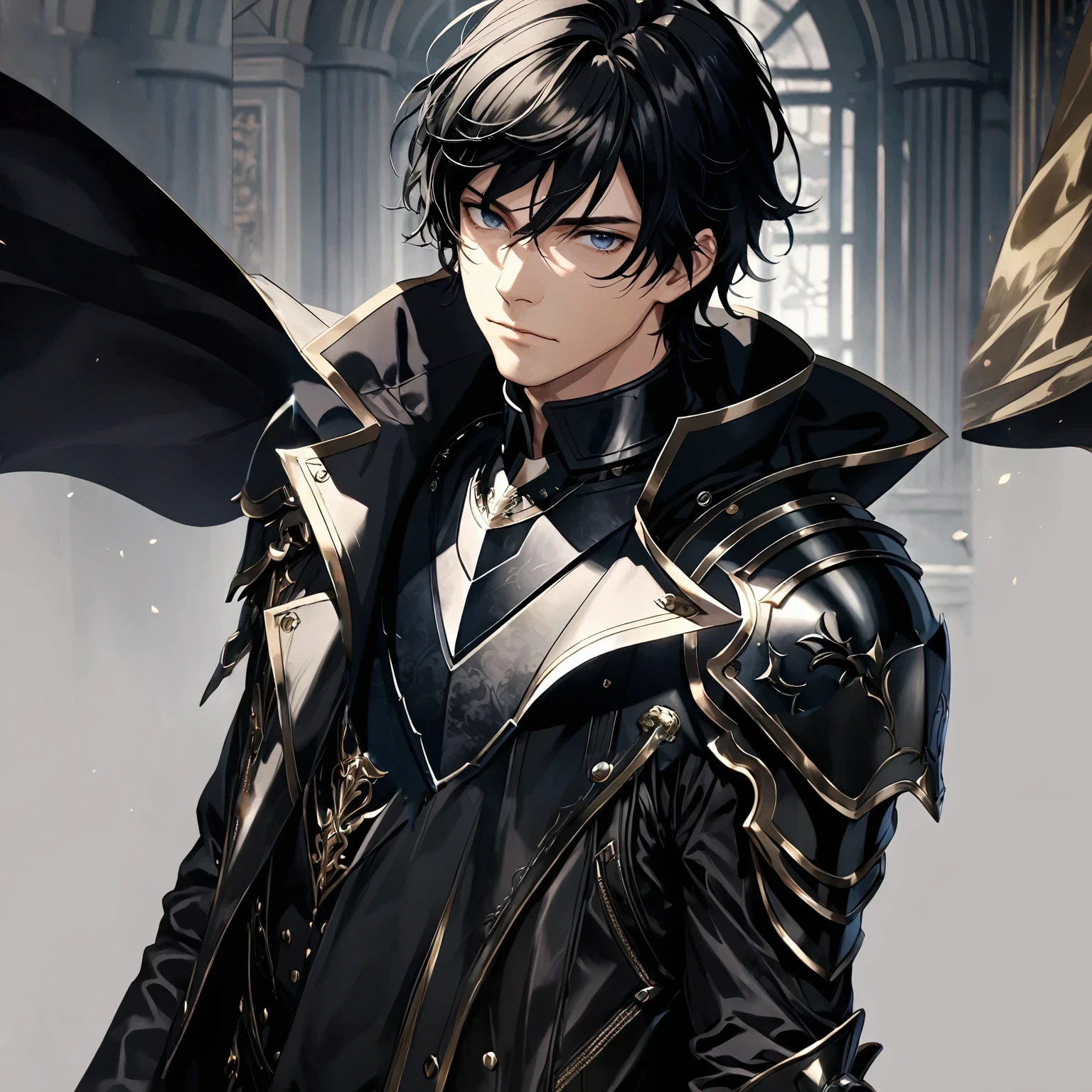 masterpiece, best quality, 1man, adult, male focus, solo, medium hair, black hair, looking at viewer, High quality metal texture, overcoat, closed mouth, upper body, bangs, high collar,(kbxll:0.6), Fantasy aesthetics, Highly detailed, shadowverse style, leather jacket