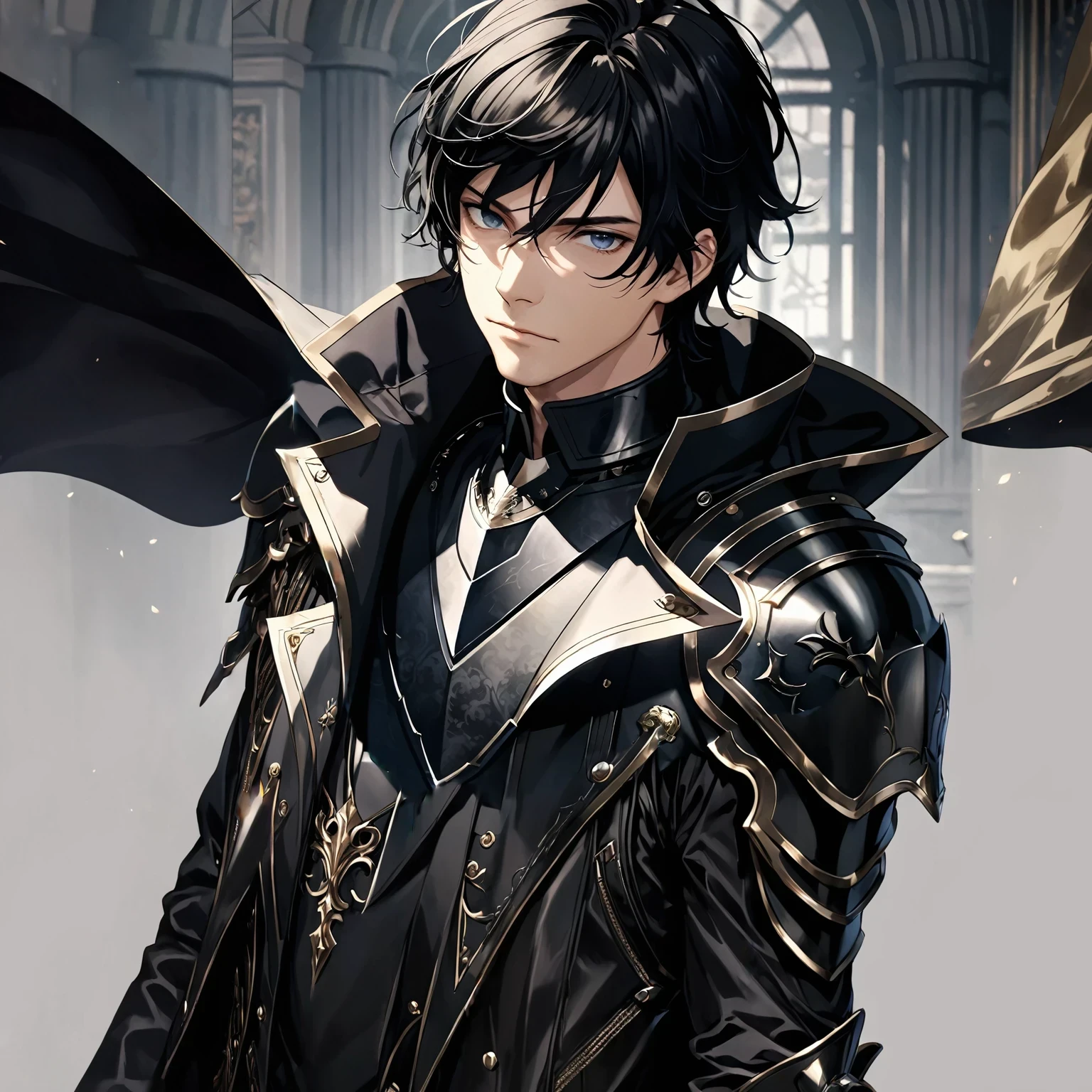 masterpiece, best quality, 1man, adult, male focus, solo, medium hair, black hair, looking at viewer, High quality metal texture, overcoat, closed mouth, upper body, bangs, high collar,(kbxll:0.6), Fantasy aesthetics, Highly detailed, shadowverse style, leather jacket
