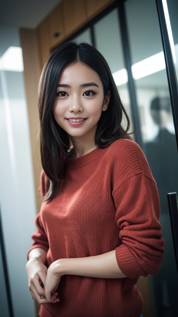 (8K, RAW photo, highest quality, masterpiece:1.3), (realistic, photo-realistic:1.4), (Highly detailed 8K wallpaper), sharp focus, Depth of written boundary,
japanese idol,very cute,(baby face),sweater, Look at us and smile, Upper body, highly detailed face and eyes,((shiny skin:1.2)), cinematic lighting, soft light, blur background, Bokeh,(Office, modern, stylish, glass walls, open space:1.2),cowboy shot,underwear