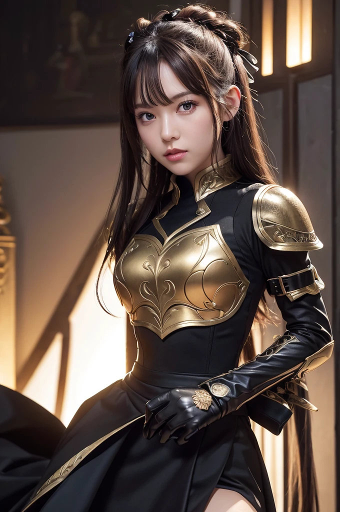 Wearing black armor over the dress,armor is a gold rose design,The skirt of the dress is made of black velour fabric,miniskirt,white gloves,gauntlets,garter bel,acrobatic pose,(Long Hair,topknot,sideburns,light brown hair, hair ribbon,bright,flower hair ornament),(((masterpiece))), (8K, expensive_solve), (clear_image), Highly detailed CG, ((Highest quality), Beautiful eyes and fine face
