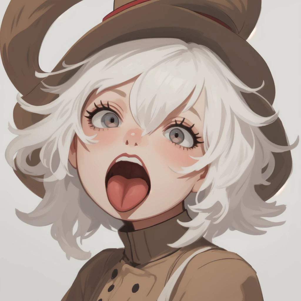 1girl, Round hat, white hair, tounge out