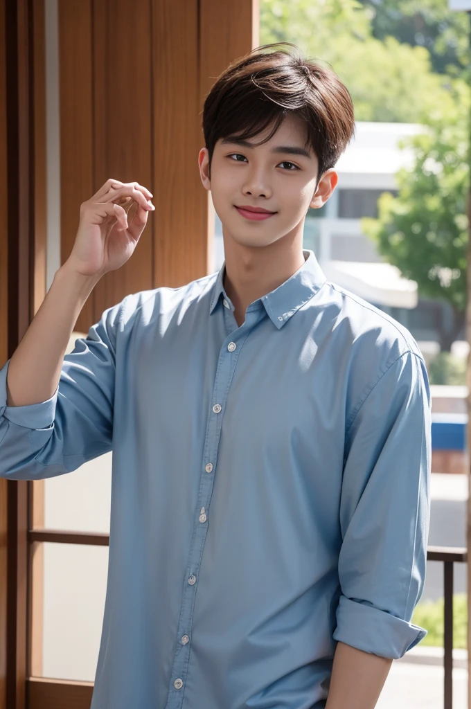 male handsome 20-year-old handsome shirt guy，looking to the camera，frontage，high qulity，tmasterpiece，8K.4K,1080P，Light-sensitive, ยิ้ม