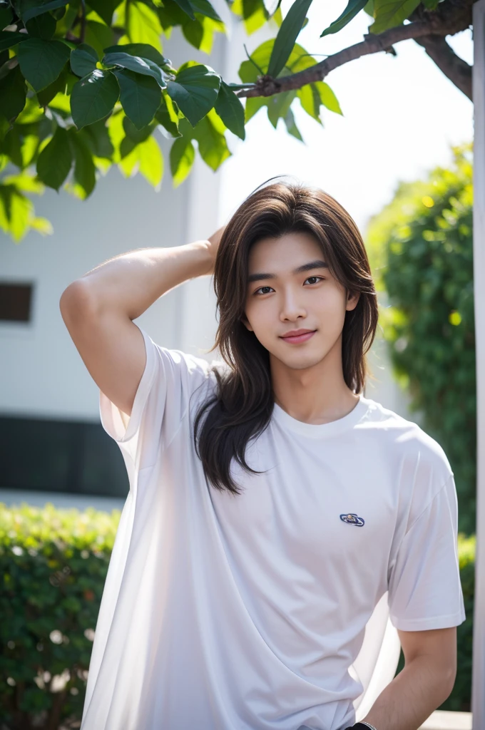 male handsome 20-year-old handsome shirt guy,looking to the camera,frontage,high qulity,tmasterpiece,8K.4K,1080P,Light-sensitive, ยิ้ม