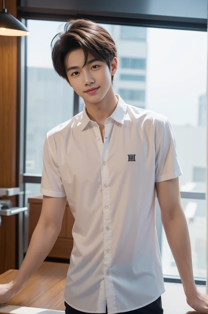 male handsome 20-year-old handsome shirt guy，looking to the camera，frontage，high qulity，tmasterpiece，8K.4K,1080P，Light-sensitive, ยิ้ม