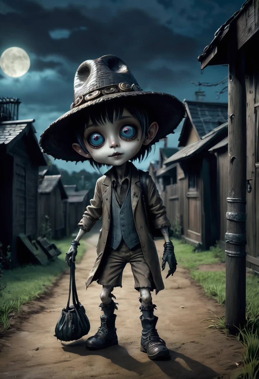 Halloween themed chibi ET-esque alien, He was wearing a straw hat, shabby clothes and damaged boot, Made of black leather, Walking around with scary accessories, Dark Alley, Burnt fantasy village, Full of magic, Very dark night, Cloudy dark sky, Starless moonlight, Shadow of a bat, (((ghost))) and (((monster))) The surrounding area, The shadows of the dead trees add to the eerie scene., Cinematic, (Tim Burton&Guillermo del Toro&steven spielberg&This is Junji), Dark colors, Creepy mood, Featured on Netflix, Outdoor Scene, Realistic details, High resolution