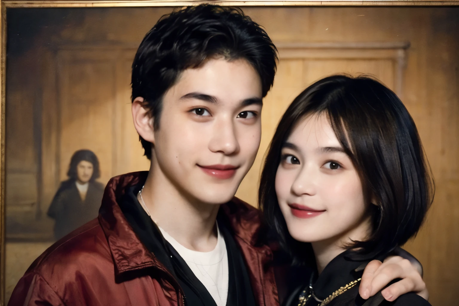 252 (An 18-year-old female and an 18-year-old male), (short hair),kind, lipstick, (Rembrandt-style painting), smile